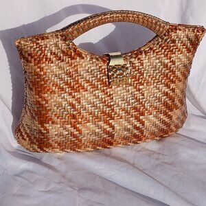RARE Vintage Neiman Marcus Wicker Rattan Top Latch Closure Woven Tan Handbag